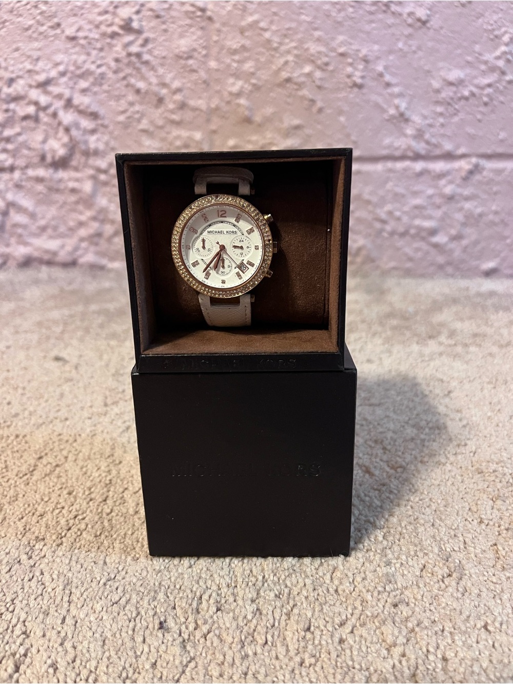 Michael Kors White Leather  Watch with Crystal Bezel